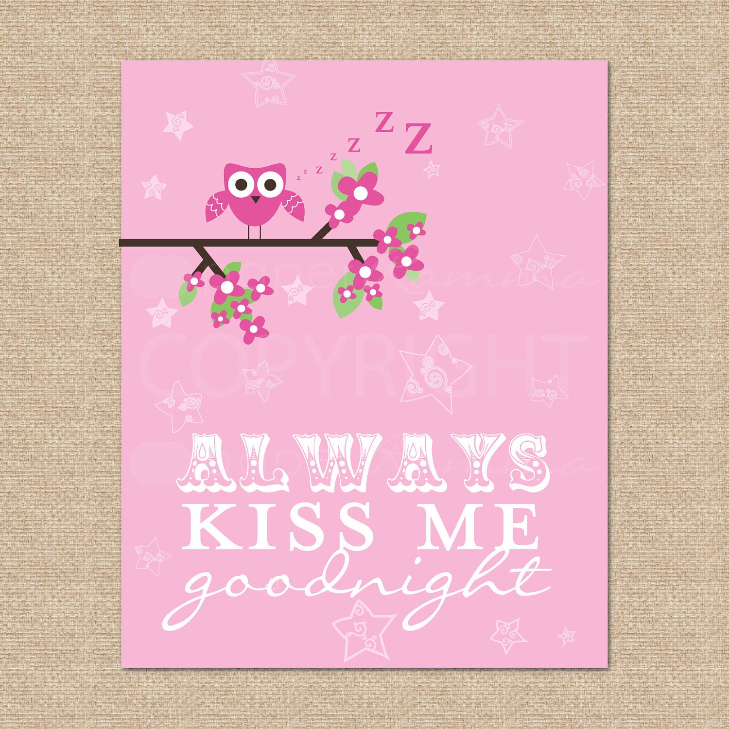 Owl, Always Kiss Me Goodnight - 8x10 - Archival Giclee Art Print for Nursery / Child's Room, custom match colors to your bedding set