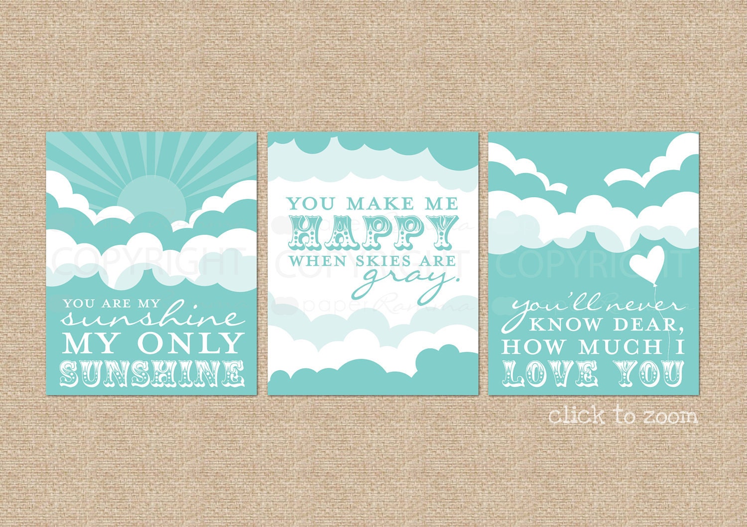 You are My Sunshine Art Prints, for Nursery / Kids Room, 3 Print Set of Giclée Art Prints. Sunshine and Clouds - 8 x 10