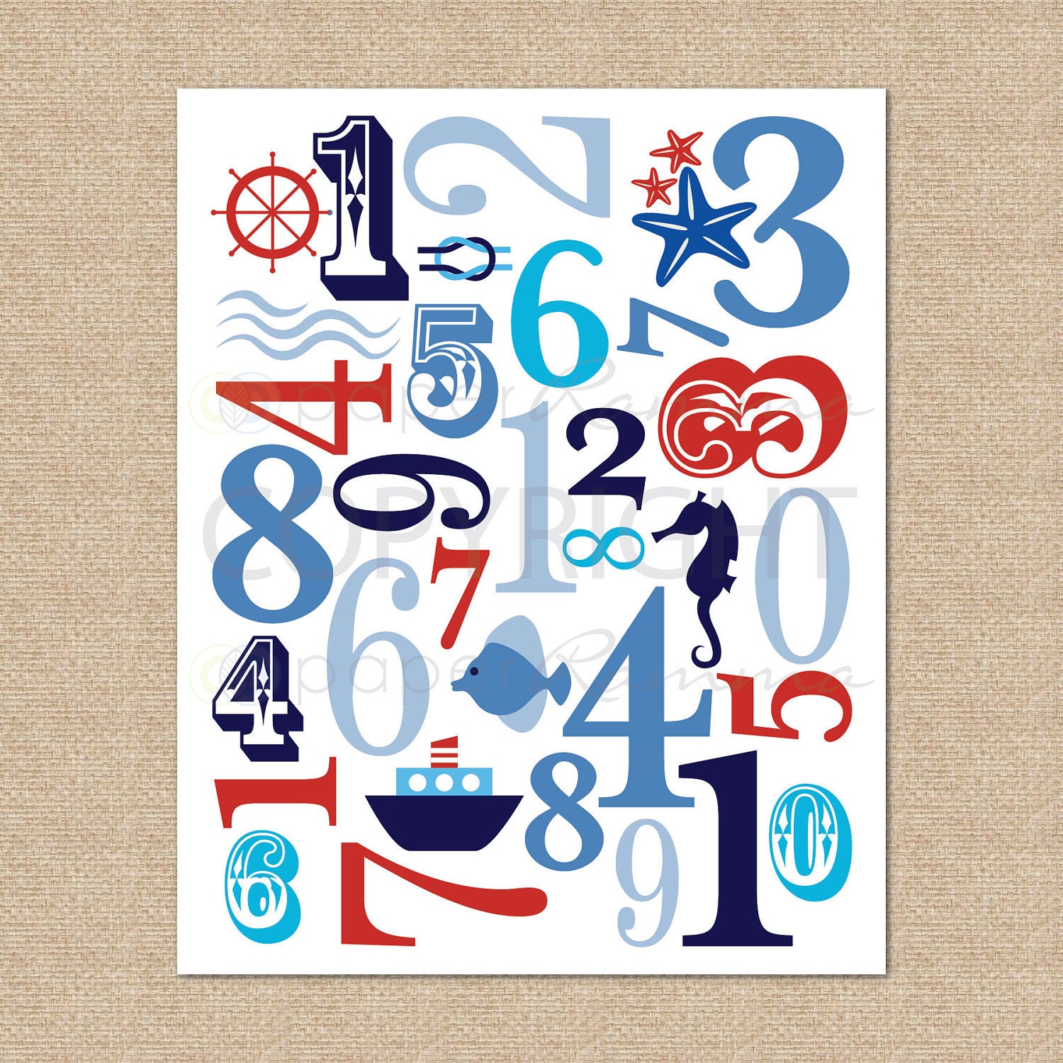 123 Number Jumble Typography Art Print Ocean Nautical, RWB - 8x10 - Giclée Art Print for Nursery / Child's Room