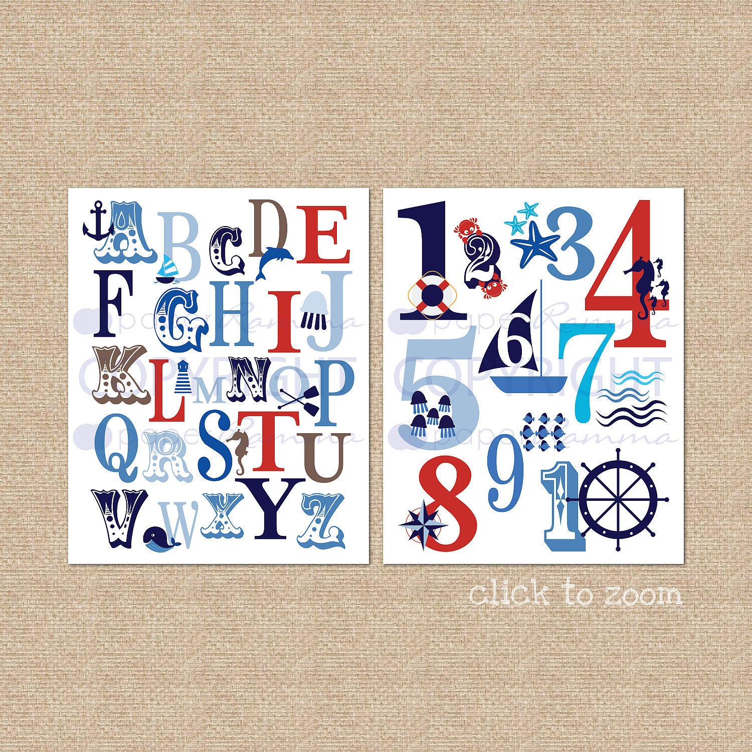 Ocean Nautical ABC and 123 Typography Giclée Art Prints, two print set, 8x10
