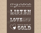 Nana Quote, My Nana has ears that always listen arms that hug and... - 8x10 - Giclée Art Print // READY TO SHIP