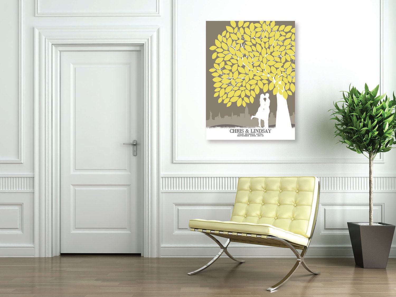 Wedding Tree Guestbook - Personalized Canvas Wrapped Skyline & Silhouette Print Keepsake, 175 Signature Guestbook Canvas Print, Size: 18x24