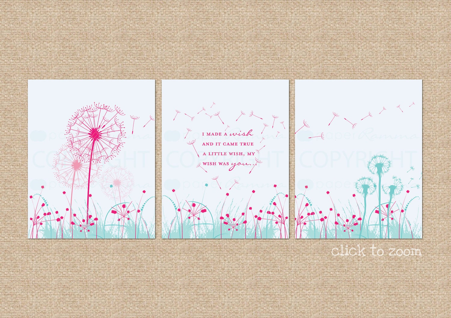 Dandelion Wishes, 3 Print Set, Custom match colors to your nursery/room, a PaperRamma Exclusive Quote, 8x10