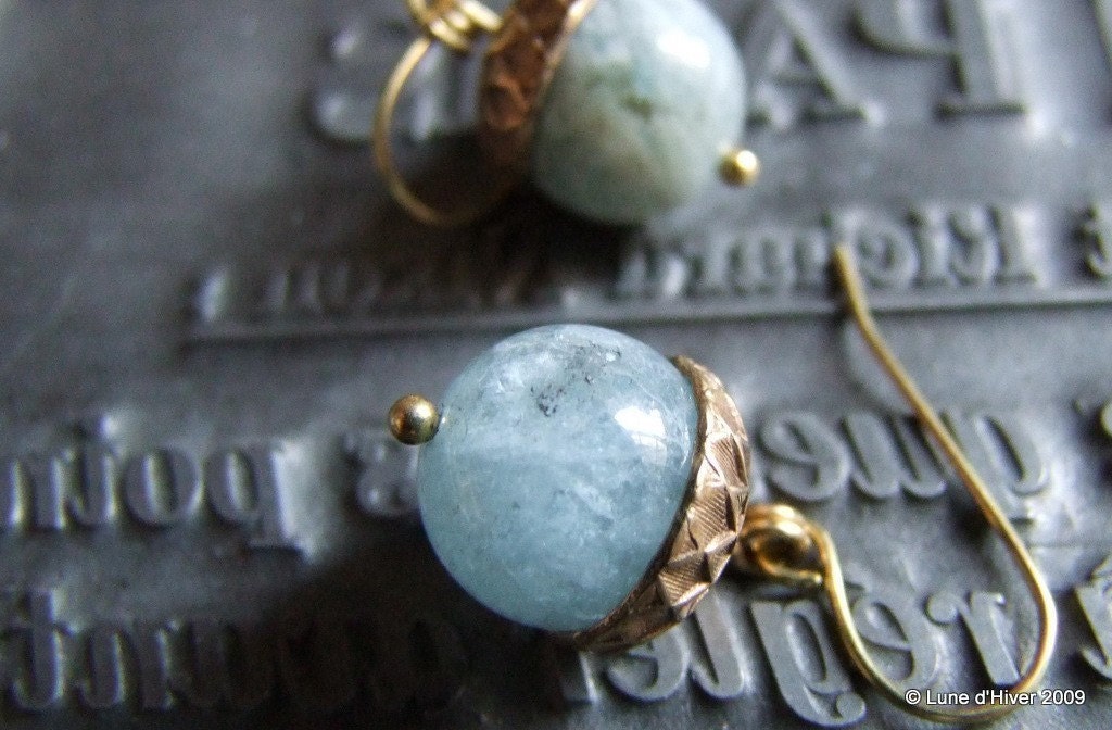 Atlantic Acorn - Aquamarine & brass earrings - March birthstone