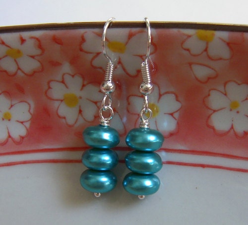 Teal Blue Pearl Bead Dangle Earrings