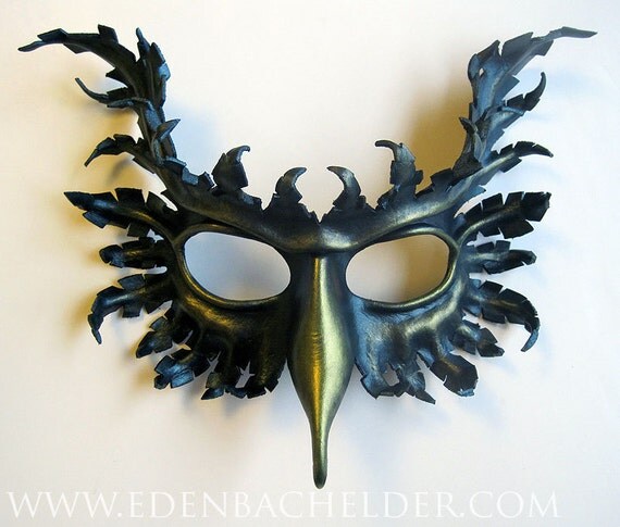 Griffin leather mask, hand-painted in metallic blue-green and green-gold, gryphon