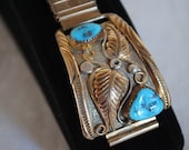 Gold over Silver with Turquoise Watchband Vintage  Signed Norman Walley