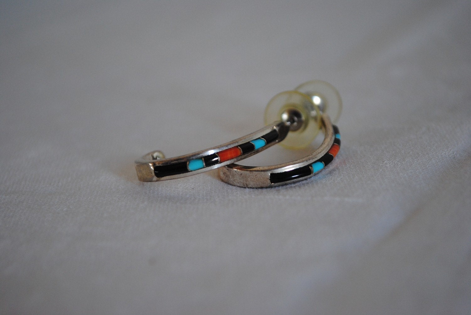 Silver Turquoise Coral and Onyx Earrings Vintage Pierced