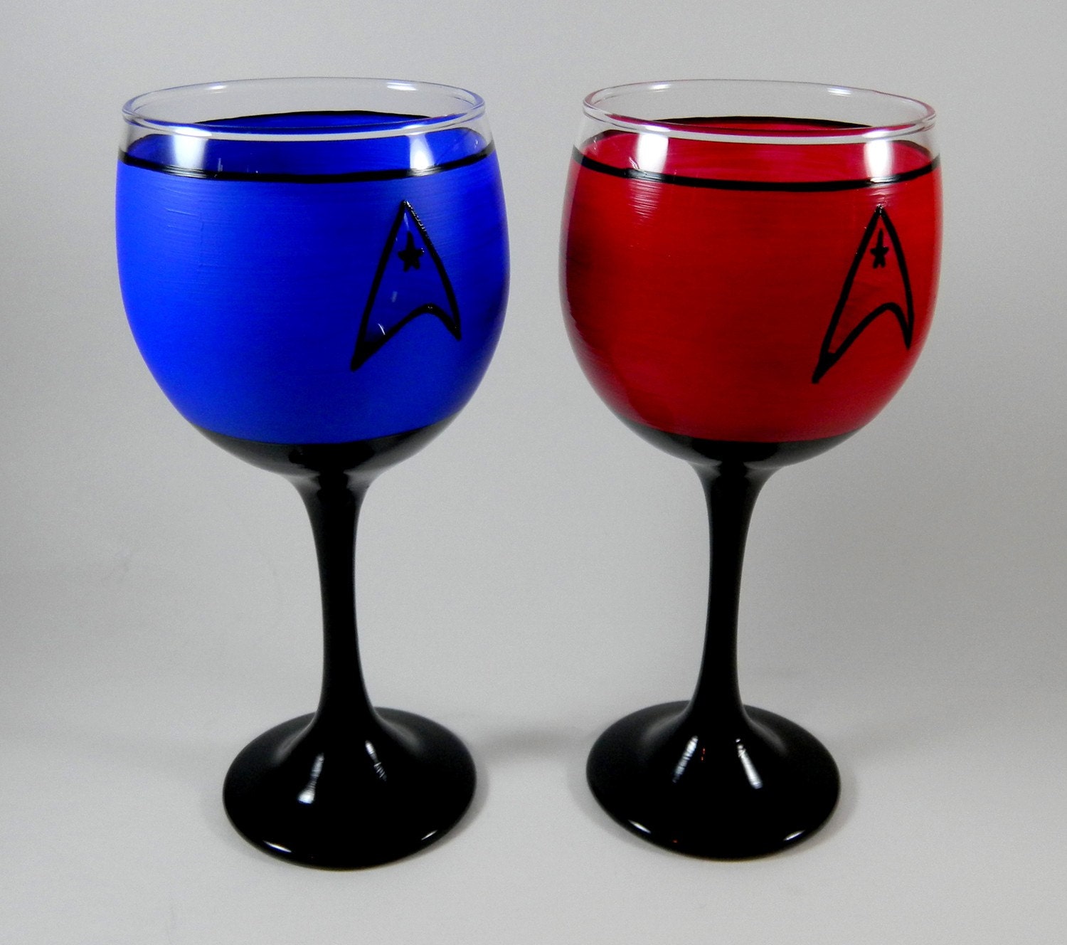 Hand painted Star Trek inspired wine glasses, set of two red wine glasses