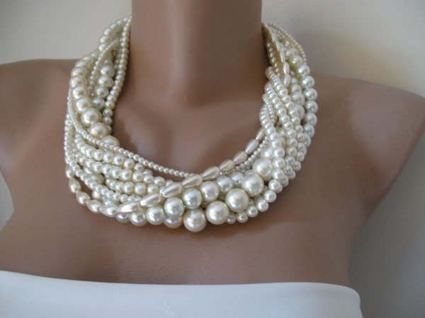 Wedding  Bold Bridal,Handmade,chunky layered ,ivory pearl ,precious  necklace.