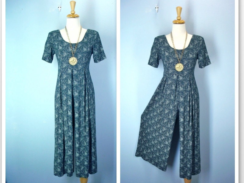 1980s Jumpsuit / 80s Wide Leg Green Romper / medium