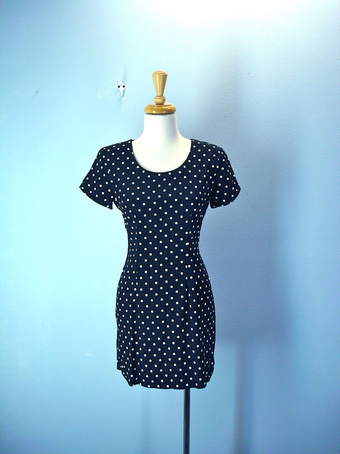 Black Polka Dot Dress / 1980s Fitted Dotted Mini Dress / small