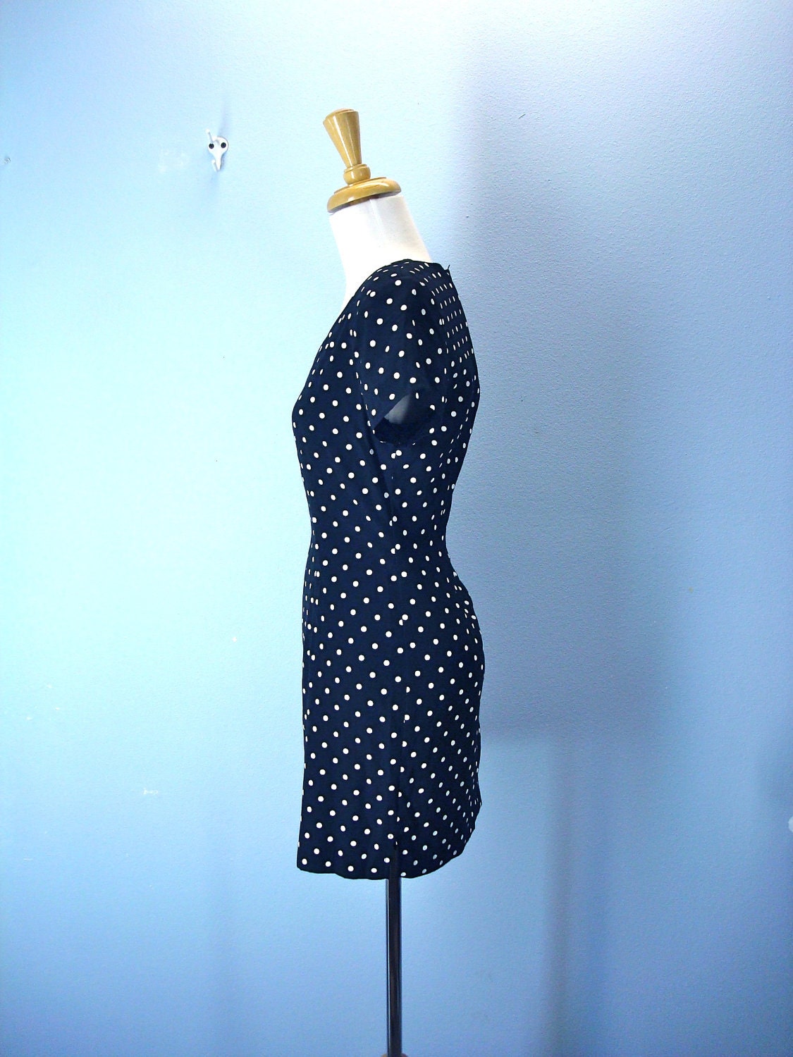 Black Polka Dot Dress / 1980s Fitted Dotted Mini Dress / small