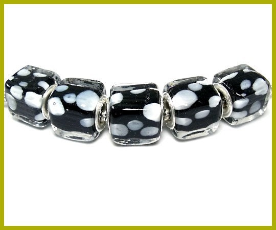 Square Black white square glass bead fits European bracelets earrings necklaces glass silver core large hole lampwork bead charm