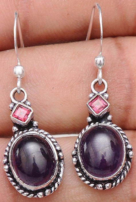 Amethyst and Garnet Dangle Silver earrings