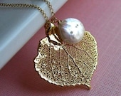 Bridesmaid gifts, Real Leaf Necklace, Freshwater pearl OR Birthstone, Bridesmaid necklaces, aspen leaf necklace, real leaf jewelry
