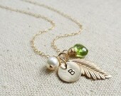 Personalized Gold Necklace, Birthstone & Initial charm, Leaf Charm Necklace, bridesmaid gifts, Gold Feather, blue topaz, bridal jewelry