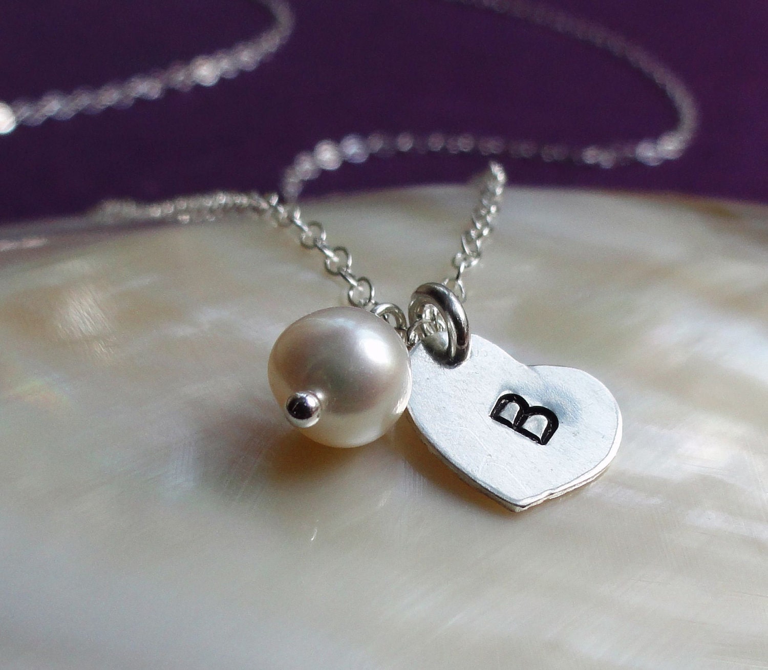 Tiny initial Necklace, Minimal layering necklace, single letter charm, freshwater pearl, sterling silver heart charm, bridesmaid gifts