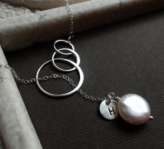 Three intertwined rings Necklace Initial tag pearl by BriguysGirls
