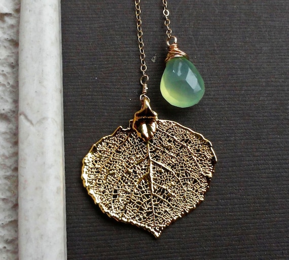 Leaf Necklace, Real Aspen Leaf jewelry,Lime Green Chalcedony, Bridesmaid Gift, lariat necklace, woodland wedding