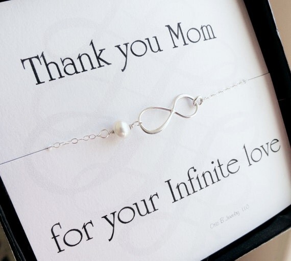 Mothers card with silver infinity bracelet, pearl bracelet, mother of the bride, mother of the groom, mothers day gift, gifts for mom