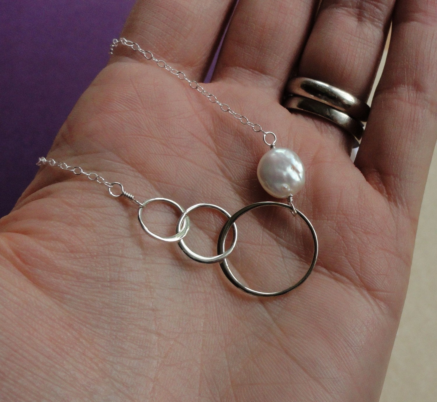 Sterling silver and Pearl Past present future necklace, Bridesmaid gift, Karma necklace, eternity, intertwined rings necklace