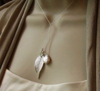 Leaf Necklace, Real Laurel Leaf & pearl necklace, Lariat style, Bridesmaid Gift, bridal jewelry, fall wedding, natural, organic, rustic