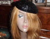 Vtg Black Sequin Cap Hat