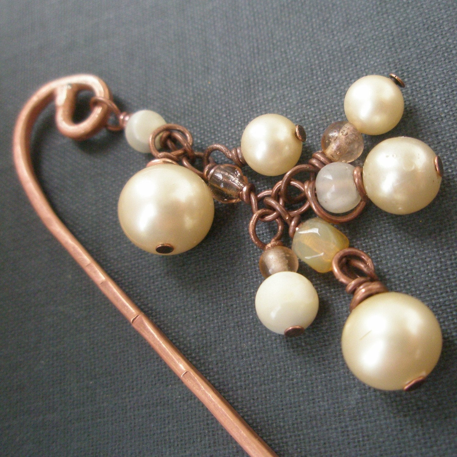 Pearl and Hammered Copper Hairstick Vintage Inspired
