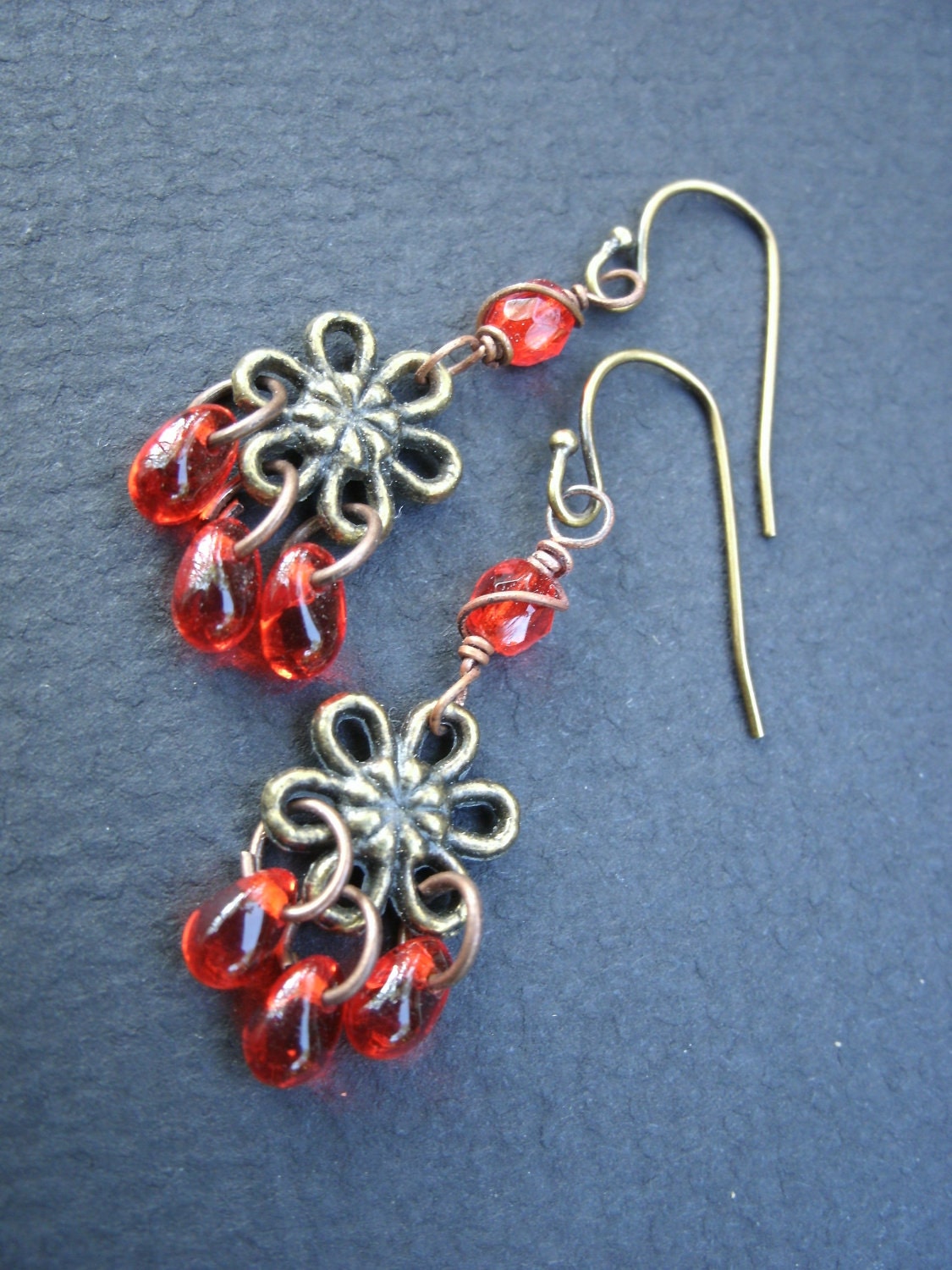 Red Brass Flower Short Dangle Earrings