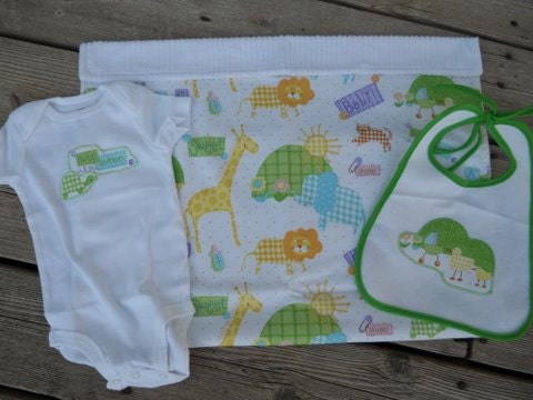Animal baby gift set in bright green or yellow....bib onesie & blanket lion giraffe chick elephant turtle