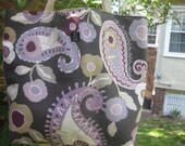 Beach Bag large tote or for Diapers, books, bridesmaid gift in charcoal gray, purples, plums, tans paisley and floral fabric