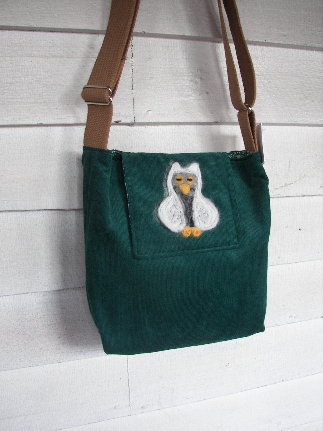 white owl on forest green corduroy (felted owl flap bag) - ThinkGreene
