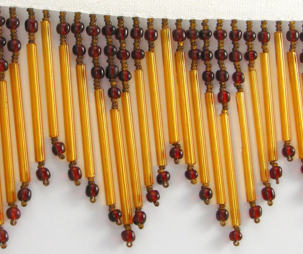 Glass Bead Fringe - Vintage Murano Glass Beaded Fringe - Gold and Dk Amber