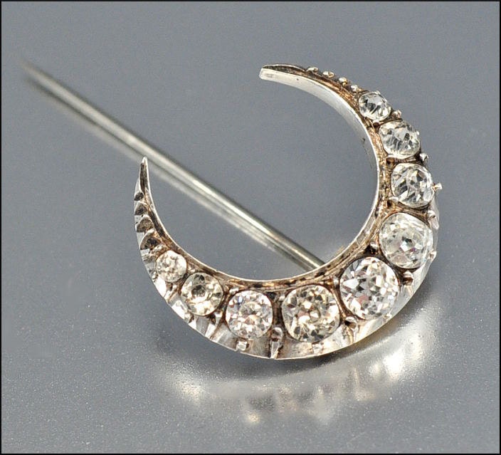 Victorian Crescent Moon Brooch Silver Rock Crystal Antique 1860s Wedding Jewelry