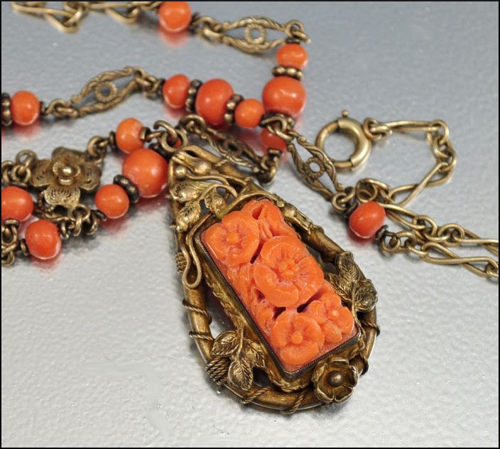 Antique Victorian Necklace Carved Coral Silver Filigree Lavaliere Pendant Italian Vintage Jewelry