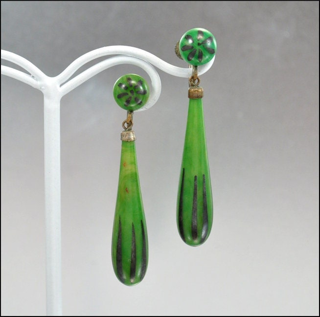 Art Deco Earrings Galalith Celluloid Enamel Dangle Brass Chadnelier Green Vintage Jewelry 1920s