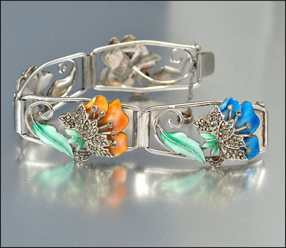 Art Deco Bracelet Sterling Silver Enamel Marcasite Flower Trembler Vintage 1920s Jewelry
