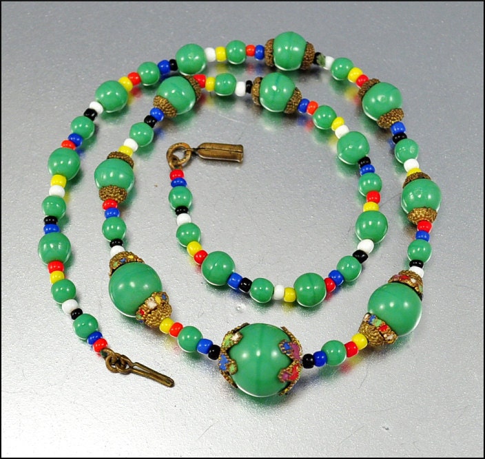 SALE Art Deco Necklace Czech Enamel Gold Green Glass Vintage 1920s Jewelry