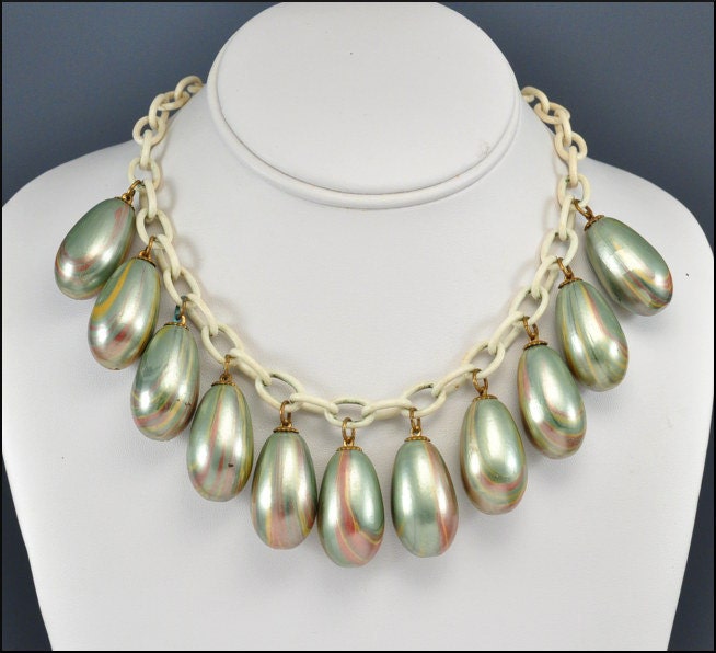 Art Deco Necklace Celluloid Wood Fringe Bib Hand Painted Vintage 1920s Statement Jewelry