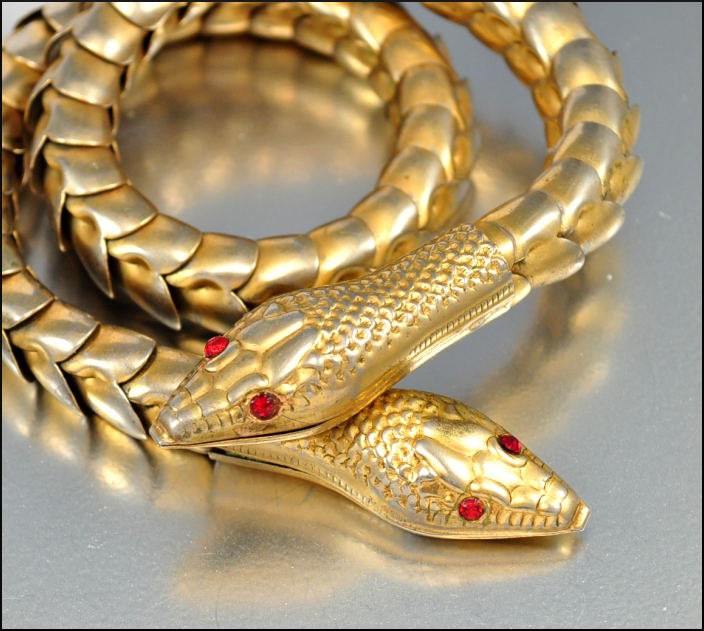 RESERVED Art Deco Necklace Snake Gold Red Rhinestone Articulated Vintage 1930s Jewelry Goth