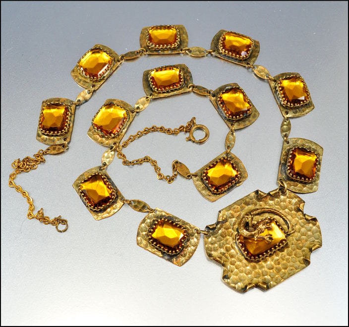 Art Deco Necklace Dragon Amber Glass Hammered Brass Gold Vintage 1920s Jewelry