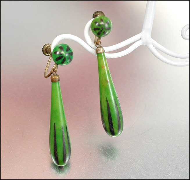 Art Deco Earrings Galalith Celluloid Enamel Dangle Brass Chadnelier Green Vintage Jewelry 1920s