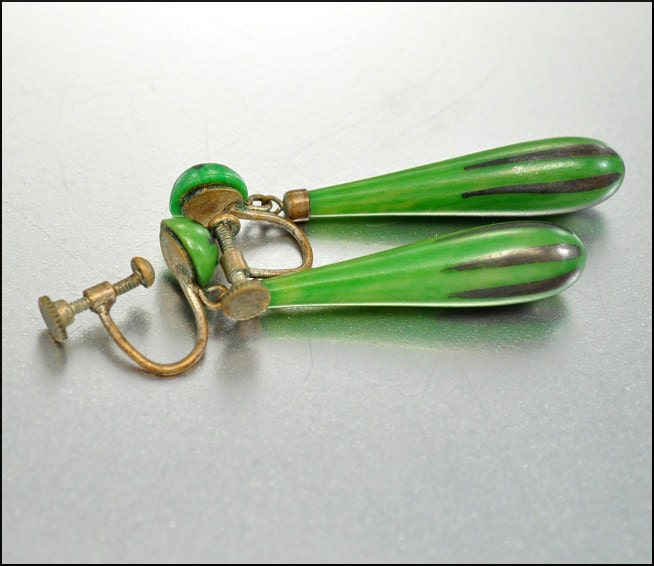 Art Deco Earrings Galalith Celluloid Enamel Dangle Brass Chadnelier Green Vintage Jewelry 1920s
