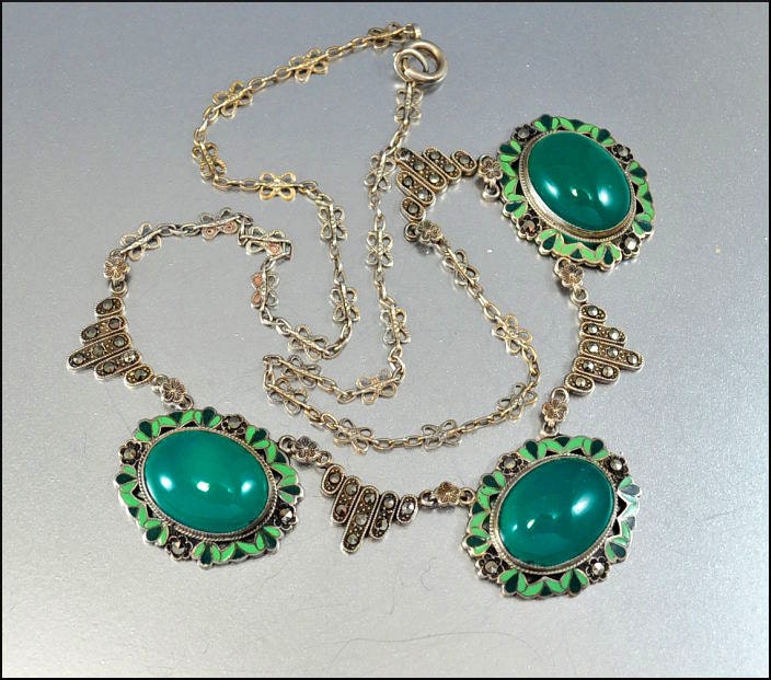 Enamel Marcasite Sterling Silver Art Deco Necklace Art Deco Jewelry Chrysoprase Antique Jewelry 1920s Vintage Jewelry