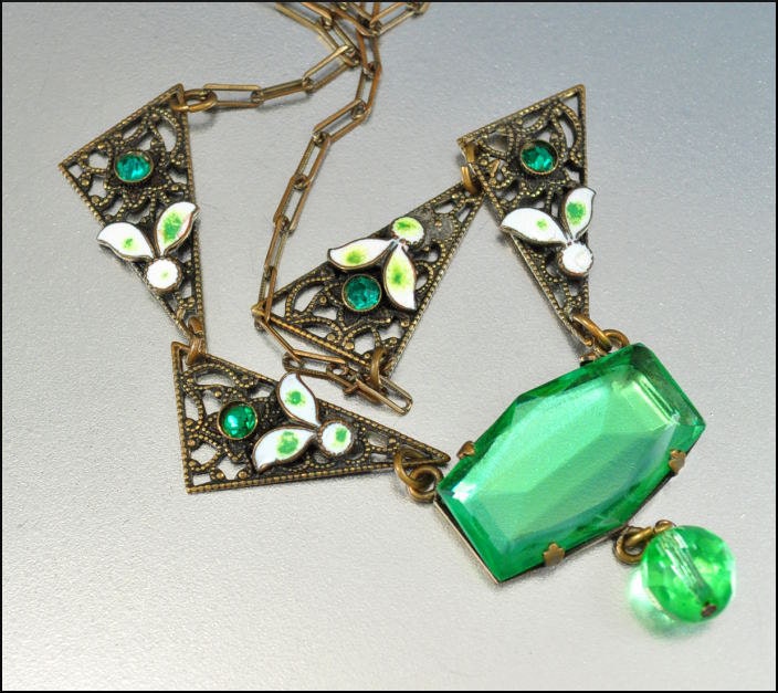 Art Deco Necklace Emerald Green Glass Enamel Gold Rhinestone Vintage 1920s Jewelry
