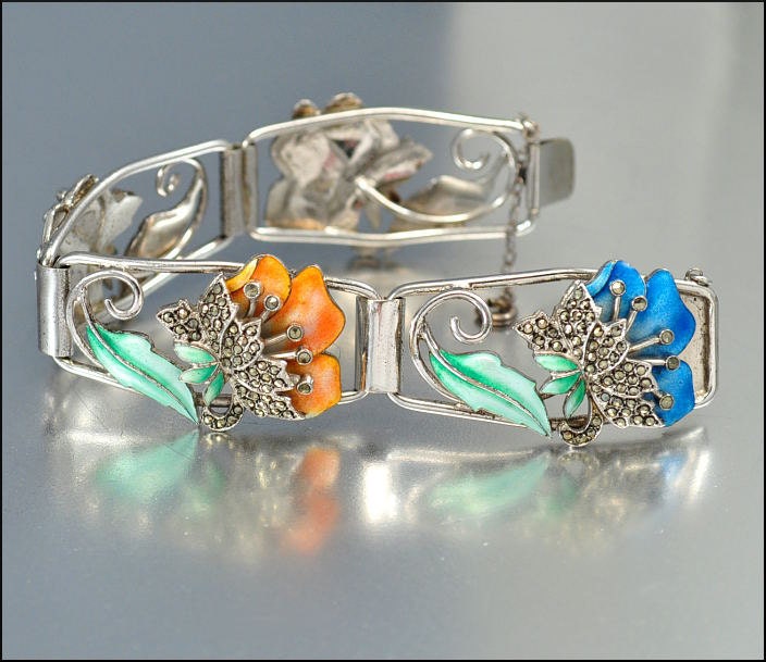 Art Deco Bracelet Sterling Silver Enamel Marcasite Flower Trembler Vintage 1920s Jewelry
