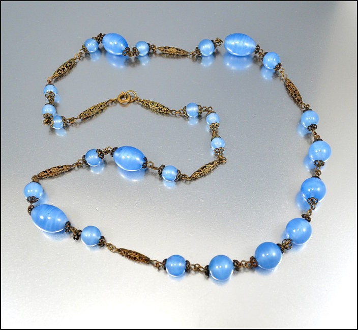 Glass Bead Czech Art Deco Necklace Art Deco Jewelry Gold Filigree Vintage 1920s Jewelry Blue