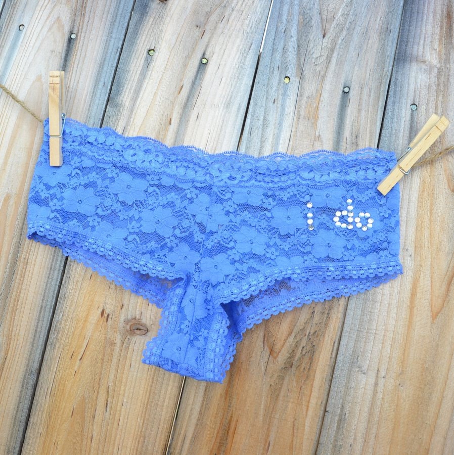 Something Blue BRIDAL Lingerie with bling underwear - something blue dusty BLUE cheeky - I DO in rhinestones size Medium -Ships in 24hrs