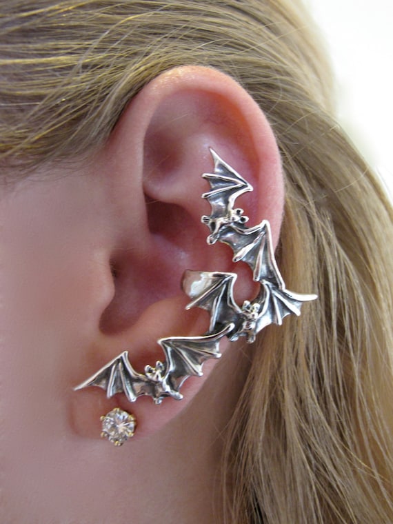 Silver Bat Flock Ear Cuff